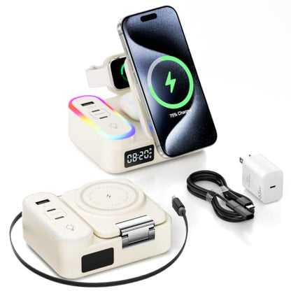 8-in-1 Foldable Wireless Charging Station for Apple Devices with Clock, 65W - color: Beige