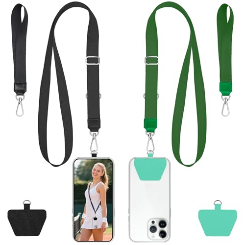 takyu Phone Lanyard, 2 Pack Adjustable Anti-Drop Neck/Wrist Strap with 2 PcsTether Patches, Secure Hands-Free Compatible for iPhone Samsung Perfect for Nurses, Teachers, Travel, Hiking Black+Dgreen - color: Black + Dgreen