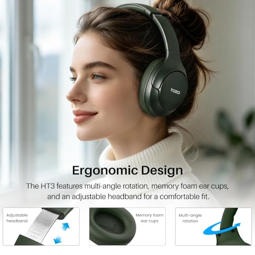 TOZO HT3 Hybrid Noise Cancelling Wireless Headphones, 90H Over Ear Headset - color: Green