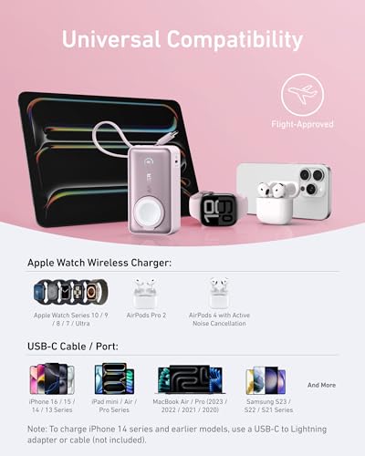 Anker MagGo Power Bank for Apple Watch, 10,000mAh 35W Max Portable Charger - color: Pink