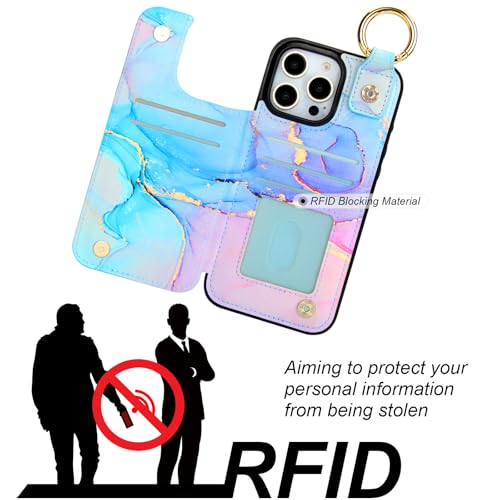 HAOPINSH for iPhone 16 Pro Max Wallet Case with Card Holder, Pink Blue Marble Print Back Flip Folio PU Leather Kickstand Card Slots Case, Finger Grip Ring Double Magnetic Clasp Shockproof 6.9" - color: Pink Blue Marble Grip Ring