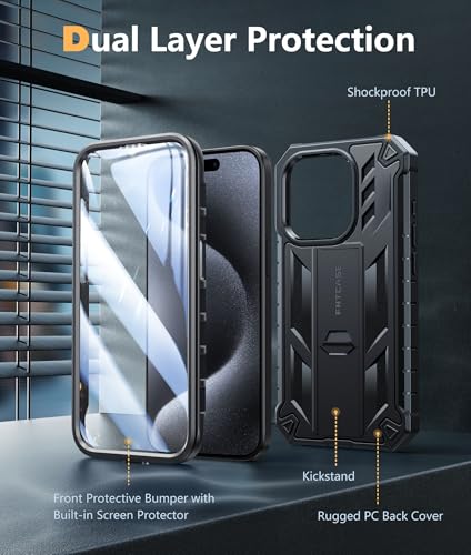 FNTCASE for iPhone 15 Pro Case, Built-in Screen Protector, Kickstand Black | Military-Grade Drop Protection, Anti-Slip Matte Textured, Rugged Heavy Duty Shockproof TPU Protective Cover - color: Black