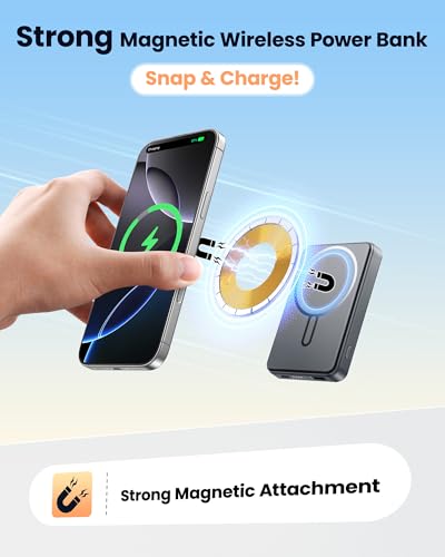 Portable Charger Power Bank 12000 mAh, for Magsafe Bank Pack with 15W Wirless Fast Charging, 20W PD Fast Charging Battery Charger, Magnetic Power Bank for iPhone 17/16/15/14/13/12 Series (Grey)