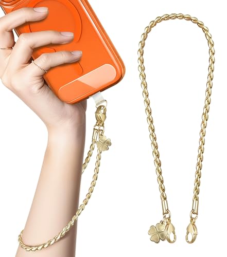 ROCONTRIP Metal Phone Lanyard with Gold Chain Detachable Phone Chain Wristlet with 2 Tether Tabs Universal iPhone Wrist Strap Premium Metal Buckles,Non-Rust,Unbreak iPhone Wristlet For Travel Shopping - color: Bright Gold