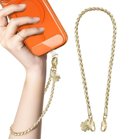 ROCONTRIP Metal Phone Lanyard with Gold Chain Detachable Phone Chain Wristlet with 2 Tether Tabs Universal iPhone Wrist Strap Premium Metal Buckles,Non-Rust,Unbreak iPhone Wristlet For Travel Shopping - color: Bright Gold
