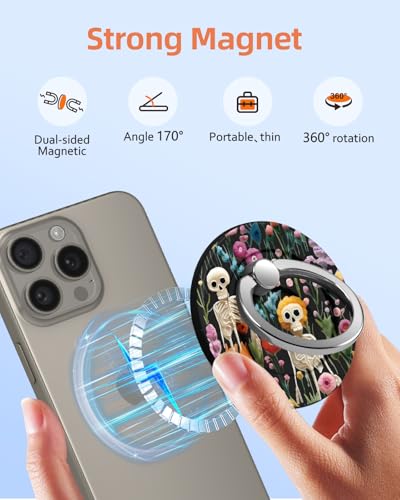 Toycamp Magnetic Phone Grip - Compatible with MagSafe Phone Grip Ring Stand for iPhone 17/16/15/14/13/12 Series Skeleton Spooky Flowers Cute Phone Ring Holder Grip for Women Girls - color: Skeleton Flowers