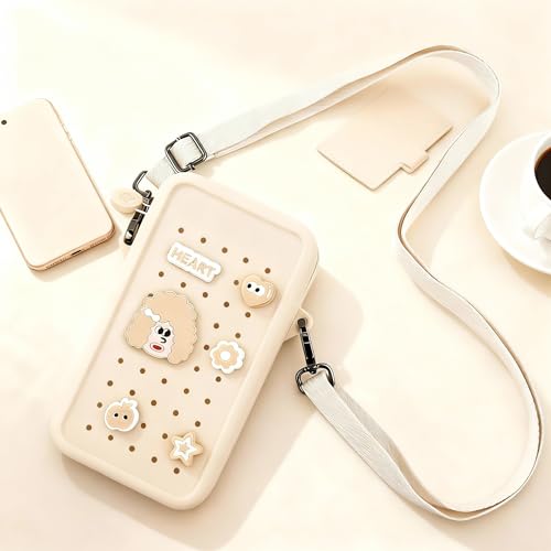 Silicone Crossbody Bag for Women, DIY Charm Compatible Perforated Hole Design, Compact Waterproof Lightweight Phone Purse with Adjustable Strap for Daily Use (Beige) - color: Beige