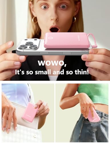 miisso 10000mAh Mini Portable Charger with Built in Cable, Pink - color: Pink