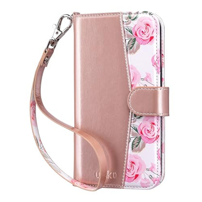ULAK Compatible with iPhone 15 Pro Wallet Case with Card Holder, Rose Gold | [RFID Blocking] Flower Flip Case Wallet for Women Girls PU Leather Kickstand Wrist Strap Shockproof Cover 6.1 inch - color: Rose Gold, size: iPhone 15 Pro - 6.1 inch