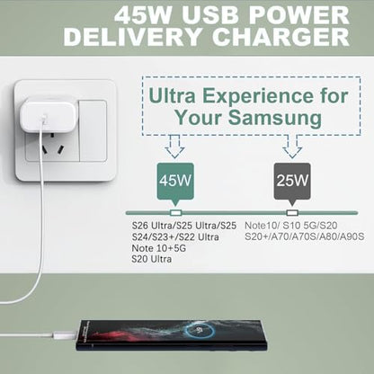 45W Samsung Super Fast Charger,Android Charger Fast Charging Block 45W USB C Type C Wall Charger Power Adapter Wall Plug for Samsung Galaxy S26 Ultra/S26+/S25/S24/S23/S22/Z Fold8 Ultra/Flip8,Tab S11