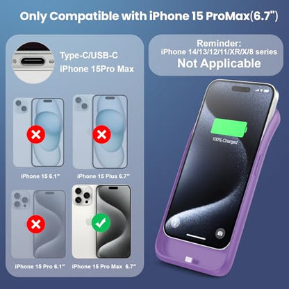 Battery Case for iPhone 15Pro Max, Upgrade 8600mah Portable Slim Battery Charging Case, 15W Fast Charging Rechargeable Protective Extended Charger Cover for iPhone 15 Pro Max (6.7 inch)-Purple - color: Purple