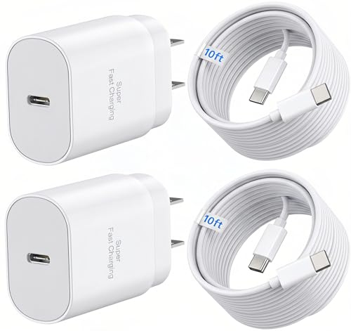 TT&C 2-Pack 25W USB C Fast Charger with 10FT Extra Long Cable (White) - color: White, size: 10ft