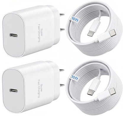 TT&C 2-Pack 25W USB C Fast Charger with 10FT Extra Long Cable (White) - color: White, size: 10ft