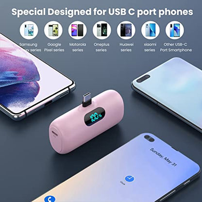 [2-Pack] Mini Portable Charger 5000mAh Power Bank,3A PD USB C Cell Phone Portable Power, LCD Display Battery Pack Compatible with iPhone 17/17 Air/16/16 pro/15/15 pro Max/Android/Samsung/Moto/LG etc - color: Light Purple+Pink