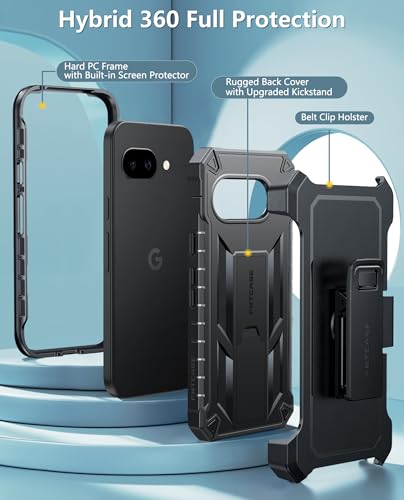 FNTCASE for Google Pixel 9A Case, Belt Clip, Built-in Screen Protector | Rugged Kickstand, 20FT Military-Grade Drop Protection, Full Body Heavy Duty Shockproof Holster, Hard Protective Cover