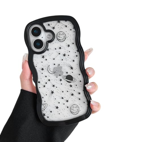 ZTOFERA for iPhone 16 Case 6.1 inch,Cute Curly Wave Frame Shape Case with Star Space Pattern, Clear Slim Shockproof Hard PC Bumper Phone Cover for iPhone 16, Black - color: Black, size: iPhone 16 6.1"
