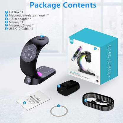 3 in 1 Wireless Charging Station, 15W Fast Magnetic Wireless Charger - color: Black