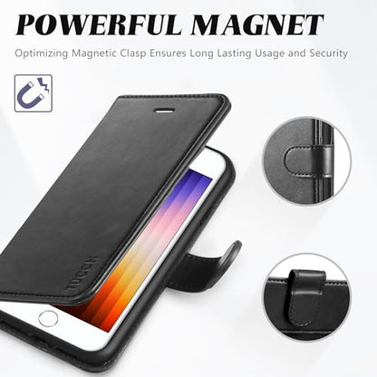 TUCCH Wallet Case for iPhone SE 2022/ iPhone 7/8/iPhone SE 2020 4.7", Black | 3 Card Holders, Kickstand, PU Leather, Shockproof TPU Shell, Magnetic Closure, Protective Folio Cover - color: Black