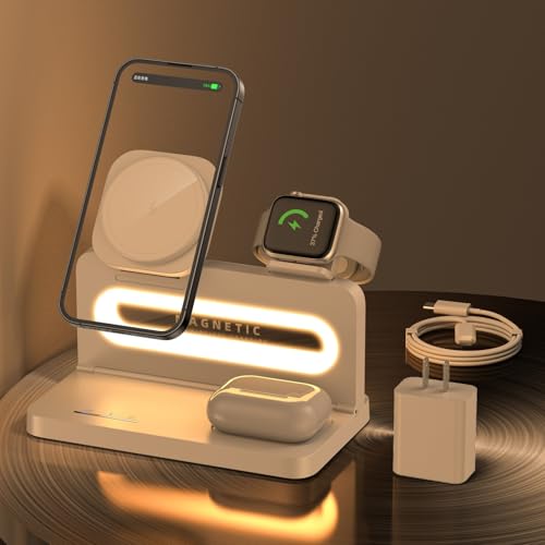 3 in 1 Wireless Charging Station for Apple MagSafe Charger,Magnetic Wireless Charger Stand for iPhone 16 15 14 13 12,Foldable Nightstand Charging Dock for Apple Devices iWatch,AirPods with Night Light - color: White