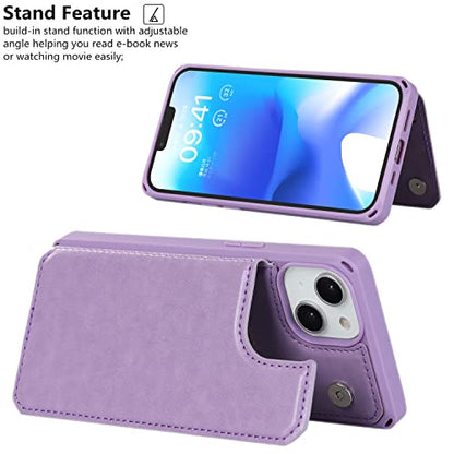 iCoverCase Compatible with iPhone 14 Wallet Phone Case with Card Holder for Women, RFID Blocking Embossed PU Leather Wrist Strap Case 6.1 Inch (Macaron Purple) - color: P-Purple