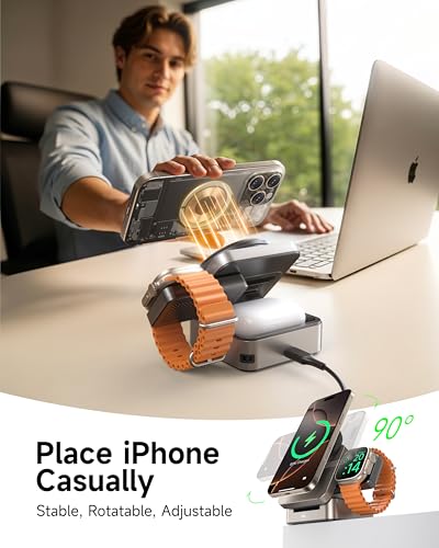 ZEEHOO 3-in-1 Foldable Magnetic Wireless Charging Station, 15W Travel Charger Stand Dock Wireless Charger for iPhone 17/16/15/14/13/12 Series, Apple Watch, AirPods (30W Adapter Included) - color: Gold