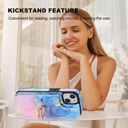 HAOPINSH for iPhone 13/ iPhone 14 Wallet Case with Card Holder, 360°Rotation Ring Kickstand, Pink Blue Marble Pattern, RFID Blocking Leather for Girls Women, Double Buttons Protective Cover 6.1" - color: Pink Blue Marble