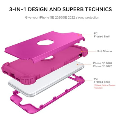 BENTOBEN for iPhone SE 2022 Case and iPhone SE 2020 Case, Heavy Duty 3 in 1 Full Body Rugged Shockproof Hybrid Hard PC Soft Rubber Case for iPhone SE 3rd/2nd Gen, New Hot Pink - color: New Hot Pink