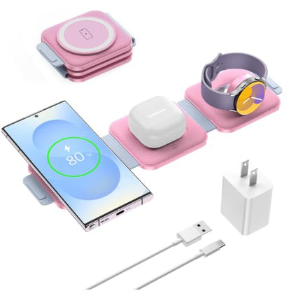 Travel Charger for Samsung Multi Devices, Foldable 3 in 1 Wireless Charging Station Fast Charging Stand/Pad Compatible for Samsung Galaxy S26/S25/S24/S23/Note20 Galaxy Watch8/7/6/Galaxy Buds4(Pink - color: Pink