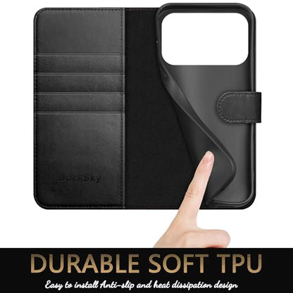 DuckSky Compatible with iPhone 17 Pro Max 6.9" Genuine Leather Wallet case【RFID Blocking】【4 Credit Card Holder】【Real Leather】 Flip Phone case Cover Women Men for Apple 17 Pro Max case Black - color: Black