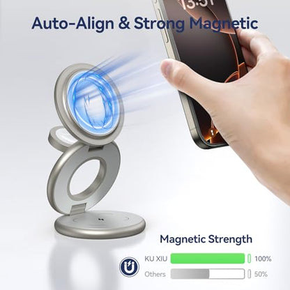 KU XIU X63 Natural Titanium 3 in 1 Charging Station for Apple, Aluminum Alloy Foldable Magnetic Wireless Charger, Travel Stand for iPhone 17/16/15/14/13/12, Apple Watch & AirPod,with 20W Adapter - color: Natural Titanium