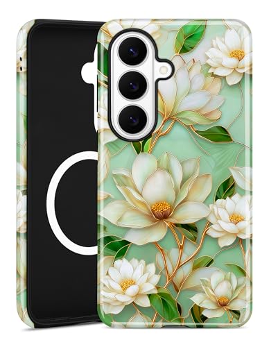 Magnetic Flower Case for Samsung Galaxy A16 5G, White | Compatible with MagSafe, Cute Aesthetic Stained Glass Floral Design, TPU and PC Protective Phone Cover for Women Girls - color: White Floral