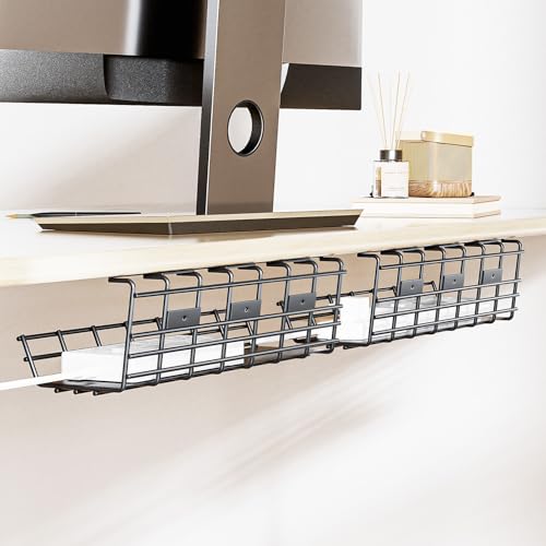 2 Pack DELAMU Under Desk Cable Management Tray, Large Metal Cord Organizer, Office & Home Cord Wire Management Under Desk Shelf, Easy Install Pre-drilled Cable Organizer, Black - size: 2 Pack