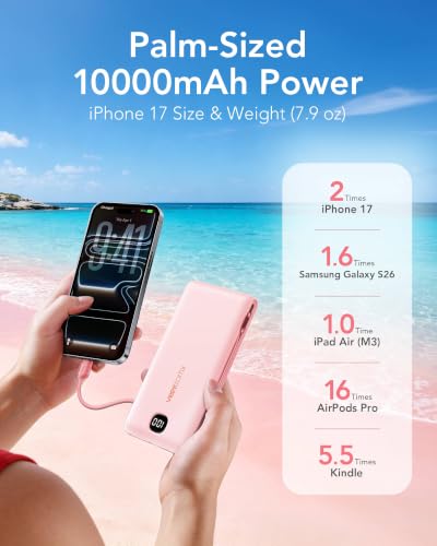 Portable Charger Power Bank Built in Cables and Wall Plug, 10000mAh iPhone Battery Pack Fast Charging, USB C External Slim Power Bank, Travel Essentials Compatible with iPhone 16 15 14 13 iPad, Pink - color: Pink