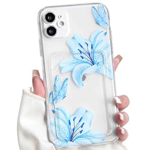 NITITOP Compatible with iPhone 12 Case with Card Holder Clear Cute Floral Lily Flowers Butterfly for Women Girls Soft TPU Shockproof Wallet Case Protective Phone Cover - Blue - color: Blue, size: iPhone 12