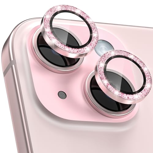 CloudValley for iPhone 15/15 Plus Camera Lens Protector Bling, Ultra-HD Tempered Glass Camera Cover [Case-Friendly] Metal Individual Lens Screen Protective Ring, Glitter Pink - color: Glitter Pink