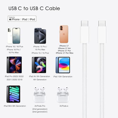 Short iPhone 17/17e/16/16e/15 USB C to USB C Woven Cable for iPhone 17Air, 16 15 Pro Max,Plus, 60W Charging Cord for AirPods 4/Pro (2nd/3rd Gen), iPad 10th Gen/iPad Pro/Air 5 4th Charger Cable (1.5ft) - size: 1.5FT, style: USB C to USB C