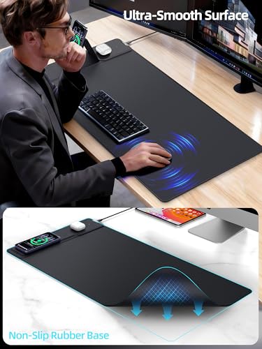 Mouse Pad with Magnetic Wireless Charging & Adjustable Phone Stand, 31.5"x15.8" Extended Desk Mat, Waterproof Ultra-Smooth Keyboard Pad, Non-Slip Base, with 20W PD Adapter, Black - color: Black-Magnetic Stand-31.5"x15.8"-Adapter