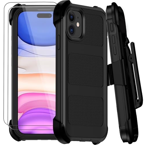 for iPhone 11 Case with Belt Clip Holster,Anti-Drop Shockproof Bumper Phone Cases w/2x Screen Protectors & Kickstand,Rugged Heavy Duty Military Grade Protective Defender Cover for Apple 11 (Black) - color: Black W/Belt Clip