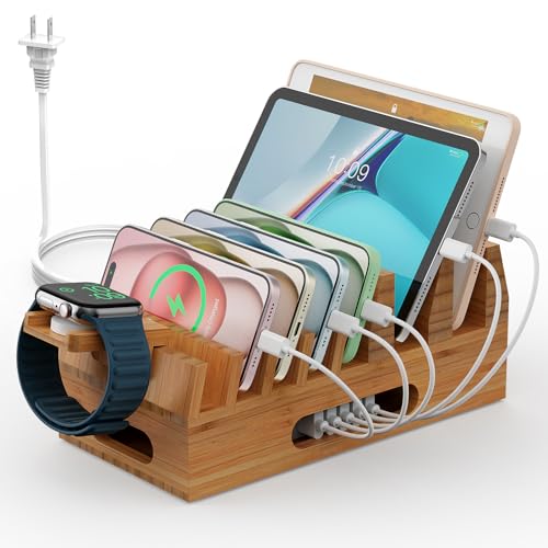 Bamboo Charging Station with 5-Port USB Charger & 5 Cables-Natural Bamboo - color: #2 (Dock+Cables+Adaptor)