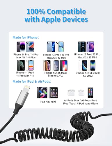 Coiled USB to Lightning Cable,2Pack Retractable iPhone Charger CarPlay Cord - size: 3FT