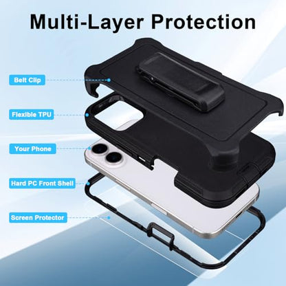 for iPhone 16 Case with Belt Clip Holster + Screen Protector, Black | Heavy Duty Drop Protection, 3-Layer Rugged Shockproof Anti-Drop Full Body Protective Case for iPhone 16 6.1 Inch - color: Black