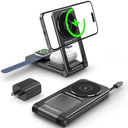 3 in 1 Magnetic Wireless Charger,Foldable Charging Station Built-in Retractable Cable,15W Portable Wireless Charging Stand for iPhone 16 15 14 13 12,Apple Watch,AirPods (20W Adapter) (Black) - color: Black
