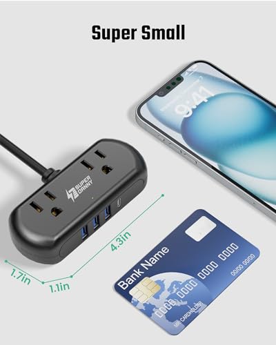 SUPERDANNY Mini Surge Protector, 2 Wide-Spaced Outlets Power Strip with USB - color: Black, size: 9.8ft