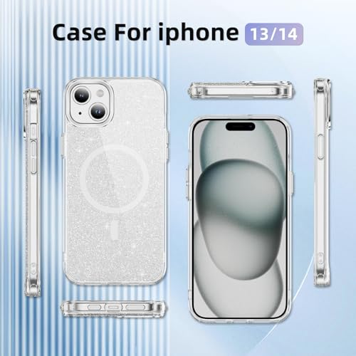 LEMAXELERS Cute Clear Sparkly for iPhone 13/14 Magnetic Case -Clear SF | Glitter Anti-Yellowing Slim TPU Bumper Compatible with Magsafe Shockproof Protective Transparent Cover - color: Clear, size: iPhone 13 / 14