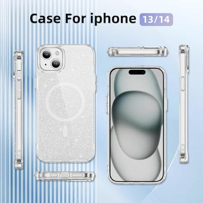 LEMAXELERS Cute Clear Sparkly for iPhone 13/14 Magnetic Case -Clear SF | Glitter Anti-Yellowing Slim TPU Bumper Compatible with Magsafe Shockproof Protective Transparent Cover - color: Clear, size: iPhone 13 / 14