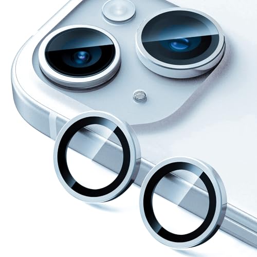 2 Pack Camera Lens Protector for iPhone 14/14 Plus/iPhone 15/iPhone 15 Plus,9H Tempered Glass Scratch Resistant Metal Ring Camera Cover Accessories,Blue - color: Blue