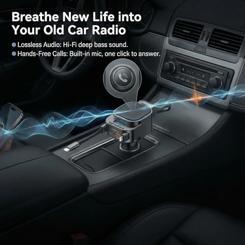 Bluetooth 5.3 Car Adapter, 96W FM Transmitter, 4-in-1 Retractable Charger