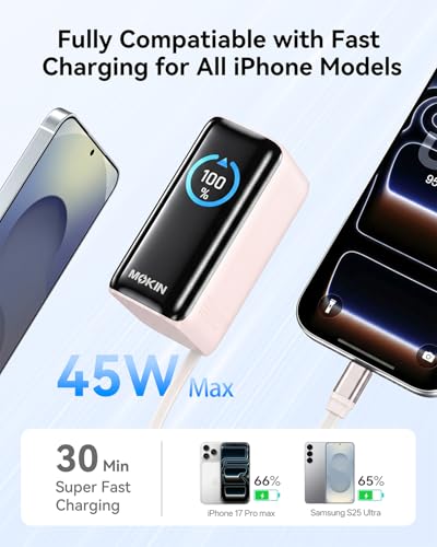 MOKiN Portable Charger with Built-in Retractable USB-C Cable, 45W Fast Charging 10000mAh Power Bank, Compact Travel Battery Pack for iPhone 17/16, Samsung Galaxy, iPad, Pixel and More - color: Pink