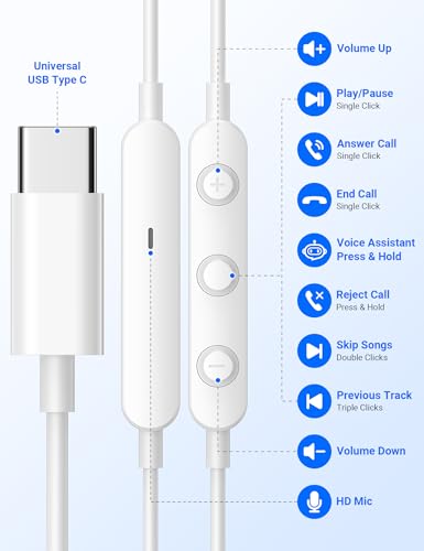 USB C Earbuds with Microphone Cute in Ear Wired Headphone - color: White Black