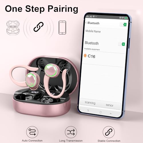 Matast Wireless Earbuds, Bluetooth Headphones Sports, IP7 Waterproof Headset with Earhook Workout, 50H Playback Over-Ear Buds with ENC Noise Cancelling Mic, Deep Bass Fitness Earphones Gym Running - color: Lily powder